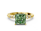 Yellow gold Fancy Green Princess  Solitaire Bezel Accent Diamond Engagement Ring with Beaded Band and Four-Prong Setting