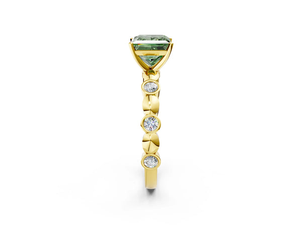 Yellow Gold Princess Cut Engagement Ring Setting for Fancy Green Center with Bezel Stations