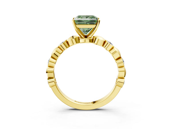 Yellow Gold Princess Cut Engagement Ring Setting for Fancy Green Center with Bezel Stations