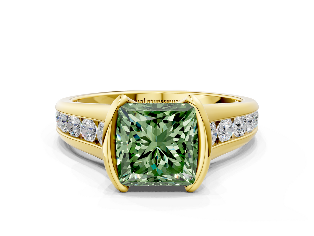 Yellow gold Fancy Green Princess  Solitaire Bezel-Set Diamond Ring with Channel-Set Band