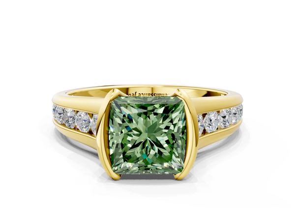 Yellow Gold Princess Cut Half Bezel Engagement Ring Setting for Fancy Green Center