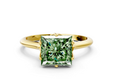 Yellow gold Fancy Green Princess  Solitaire Cathedral Diamond Ring with Six-Prong Setting