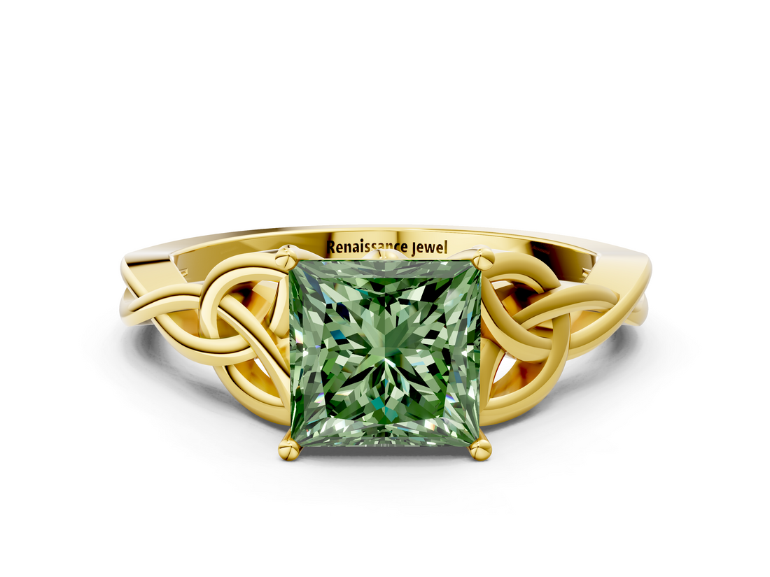 Yellow gold Fancy Green Princess  Solitaire Celtic Knot Engagement Ring with Four-Prong Setting