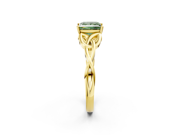 Yellow gold Fancy Green Princess Cut Diamond Solitaire Engagement Ring with Celtic Knot Band and Four-Prong Setting