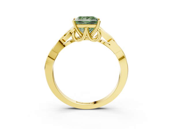 Yellow gold Fancy Green Princess Cut Diamond Solitaire Engagement Ring with Celtic Knot Band and Four-Prong Setting