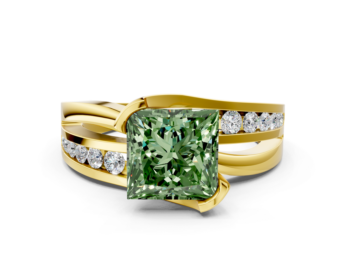 Yellow gold Fancy Green Princess  Solitaire Channel-Set Split Shank Ring with Tension Prong Setting_3