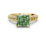 Yellow gold Fancy Green Princess  Solitaire Chevron Pave Diamond Engagement Ring with Six-Prong Setting