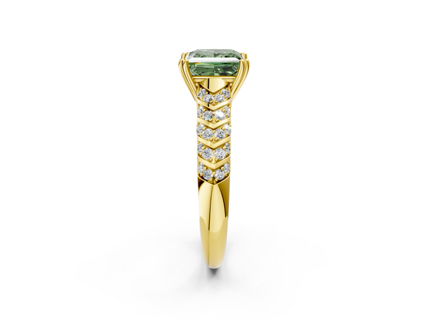Yellow gold Fancy Green Princess  Solitaire Chevron Pave Diamond Engagement Ring with Six-Prong Setting