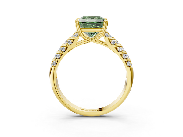 Yellow gold Fancy Green Princess  Solitaire Chevron Pave Diamond Engagement Ring with Six-Prong Setting
