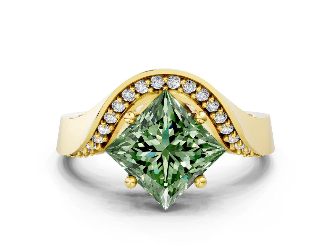 Yellow gold Fancy Green Princess  Solitaire Diamond Engagement Ring with Pave Band and Four-Prong Setting 2