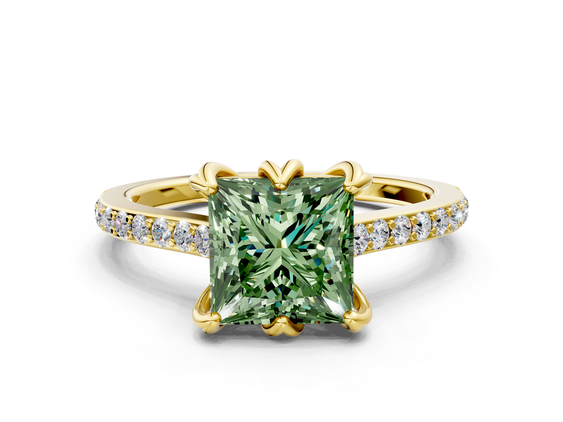 Yellow gold Fancy Green Princess  Solitaire Diamond Engagement Ring with Pave Band and Six-Prong Setting