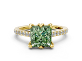 Yellow gold Fancy Green Princess  Solitaire Diamond Engagement Ring with Pave Band and Six-Prong Setting