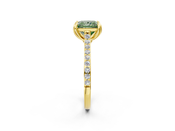 Yellow gold Fancy Green Princess  Solitaire Diamond Engagement Ring with Pave Band and Six-Prong Setting
