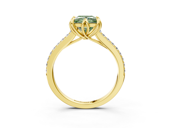 Yellow gold Fancy Green Princess  Solitaire Diamond Engagement Ring with Pave Band and Six-Prong Setting