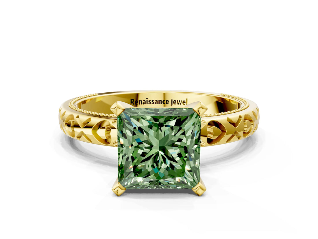 Yellow gold Fancy Green Princess  Solitaire Diamond Engagement Ring with XO Engraved Band and Four-Prong Setting 2