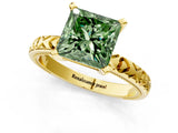 Yellow gold Fancy Green Princess  Solitaire Diamond Engagement Ring with XO Engraved Band and Four-Prong Setting 3
