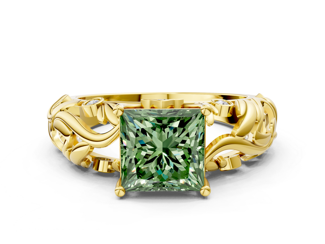 Yellow gold Fancy Green Princess  Solitaire Diamond Leaf Vine Band with Prong Setting
