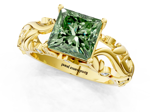 Yellow gold Fancy Green Princess Cut Solitaire Diamond Leaf-Inspired Vine Band Ring with Prong Setting