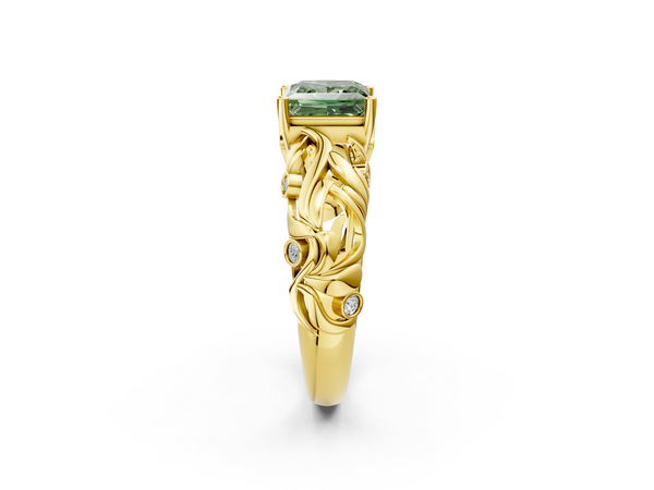 Yellow gold Fancy Green Princess Cut Solitaire Diamond Leaf-Inspired Vine Band Ring with Prong Setting