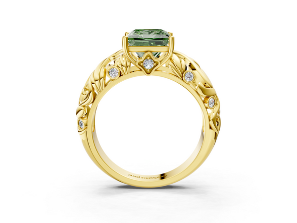 Yellow gold Fancy Green Princess Cut Solitaire Diamond Leaf-Inspired Vine Band Ring with Prong Setting