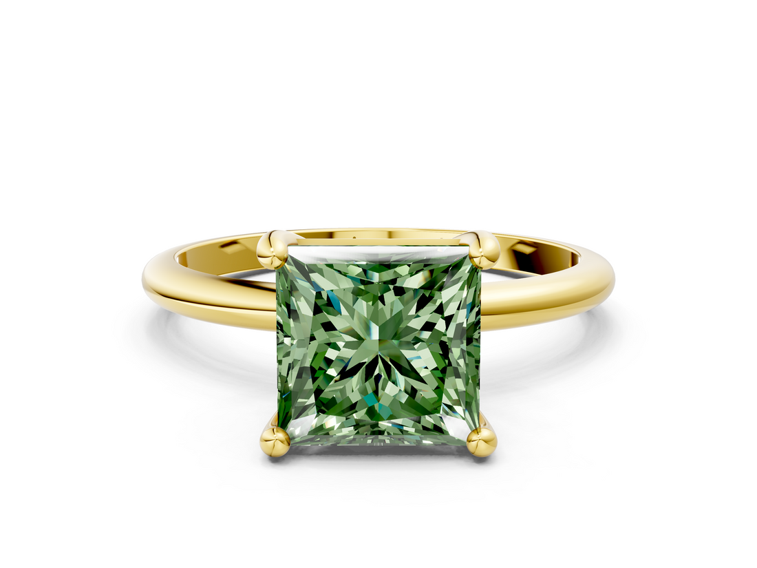 Yellow gold Fancy Green Princess  Solitaire Diamond Ring with 4-Prong Setting on a Classic Band_3