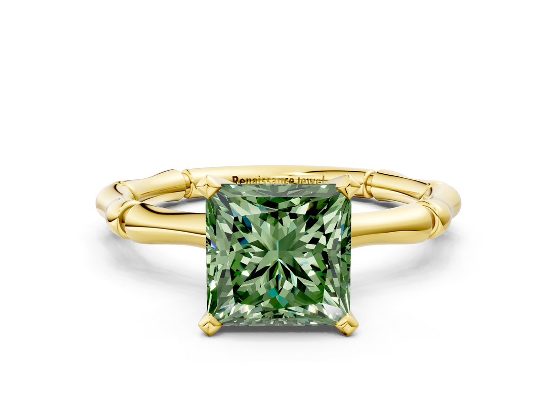 Yellow gold Fancy Green Princess  Solitaire Diamond Ring with Bamboo Band and Four-Prong Setting