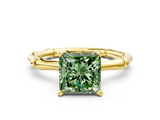 Yellow gold Fancy Green Princess  Solitaire Diamond Ring with Bamboo Band and Four-Prong Setting