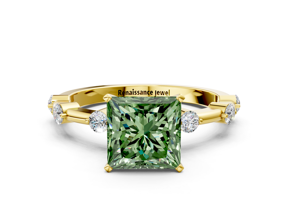 Yellow gold Fancy Green Princess  Solitaire Diamond Ring with Bezel Set Side Stones and Prong Setting