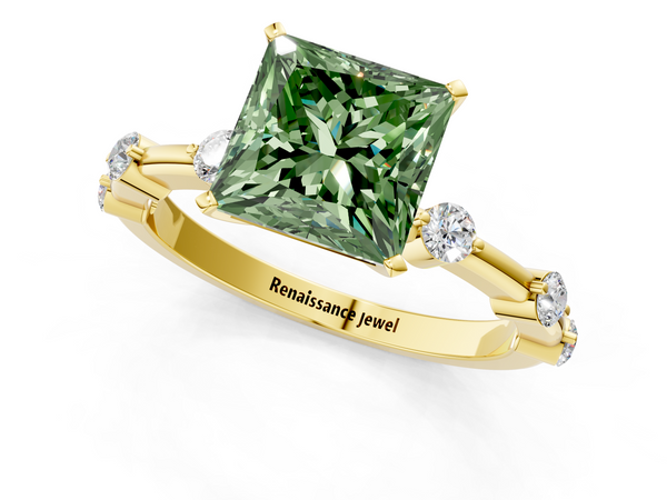 Yellow gold Fancy Green Princess  Solitaire Diamond Ring with Bezel Set Side Stones and Prong Setting