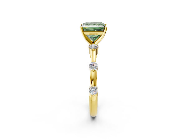 Yellow gold Fancy Green Princess  Solitaire Diamond Ring with Bezel Set Side Stones and Prong Setting