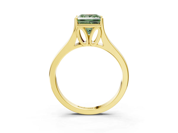 Yellow Gold Princess Cut Cathedral Solitaire Engagement Ring Setting for Fancy Green Center with Split Shoulders