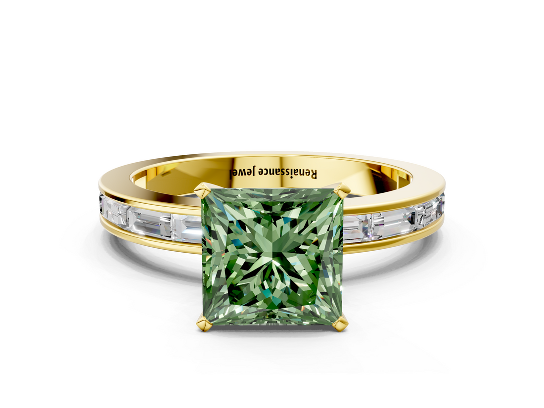 Yellow gold Fancy Green Princess  Solitaire Diamond Ring with Channel-Set Baguette Band and Four-Prong Setting