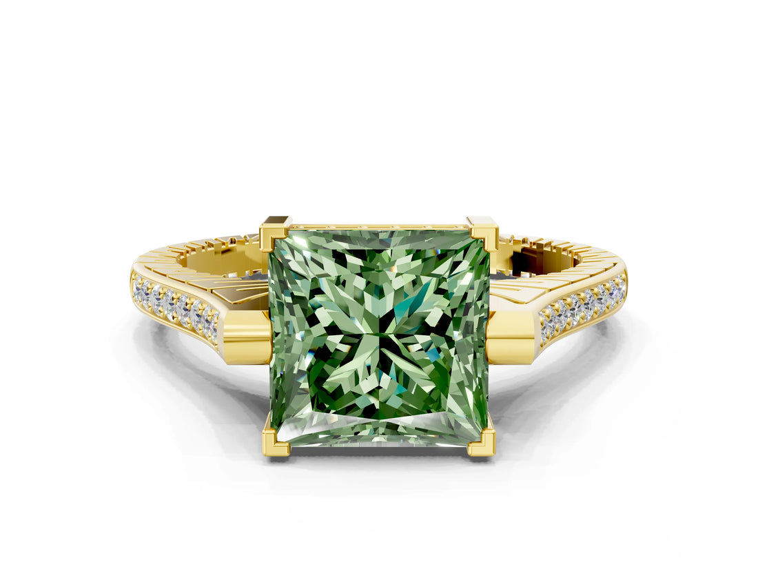 Yellow gold Fancy Green Princess  Solitaire Diamond Ring with Channel Set Band and Bezel Prong Setting_61