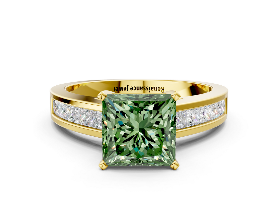Yellow gold Fancy Green Princess  Solitaire Diamond Ring with Channel-Set Band and Four-Prong Setting_3