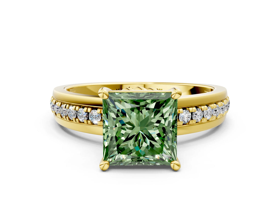 Yellow gold Fancy Green Princess  Solitaire Diamond Ring with Channel Set Band and Six-Prong Setting_29