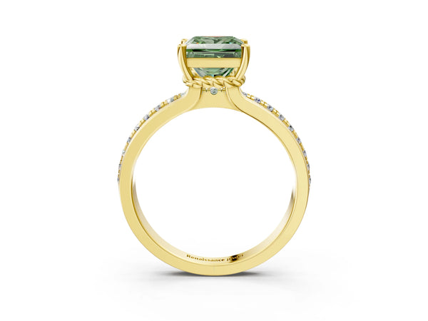 Yellow gold Fancy Green Princess  Solitaire Diamond Ring with Channel Set Band and Six-Prong Setting