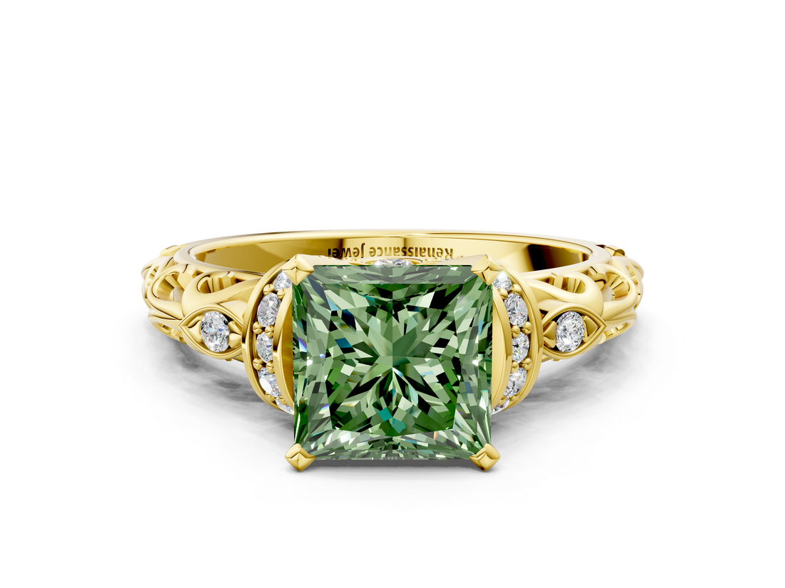 Yellow gold Fancy Green Princess  Solitaire Diamond Ring with Filigree Band and Four-Prong Setting
