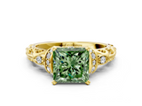 Yellow gold Fancy Green Princess  Solitaire Diamond Ring with Filigree Band and Four-Prong Setting