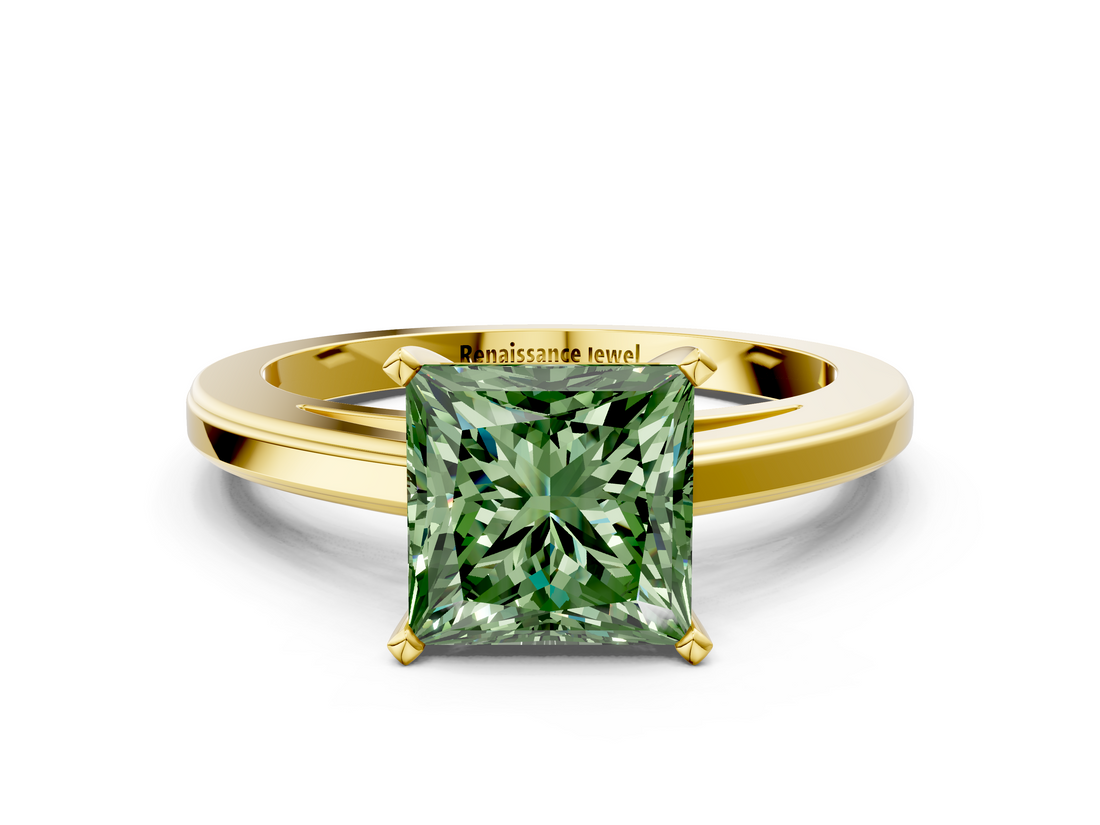 Yellow gold Fancy Green Princess  Solitaire Diamond Ring with Four-Prong Setting and Classic Band_3