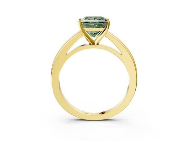 Yellow gold Fancy Green Princess  Solitaire Diamond Ring with Four-Prong Setting and Classic Band