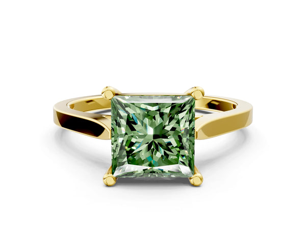 Yellow gold Fancy Green Princess  Solitaire Diamond Ring with Four-Prong Setting and Tapered Band
