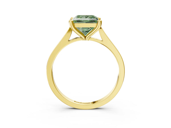 Yellow gold Fancy Green Princess  Solitaire Diamond Ring with Four-Prong Setting and Tapered Band