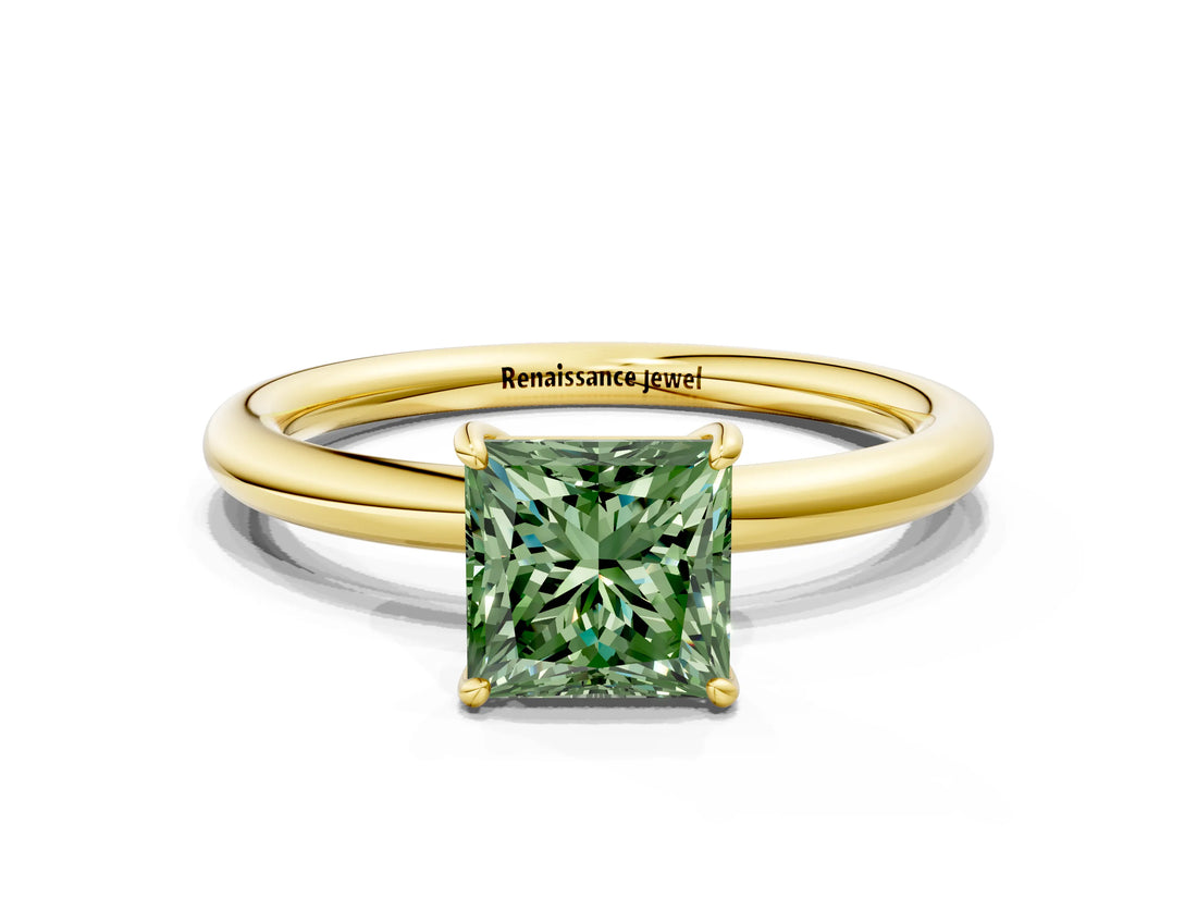 Yellow gold Fancy Green Princess  Solitaire Diamond Ring with Four-Prong Setting on a Plain Band_20