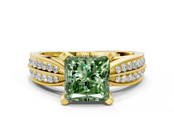 Yellow gold Fancy Green Princess  Solitaire Diamond Ring with Milgrain Pavé Band and Four-Prong Setting