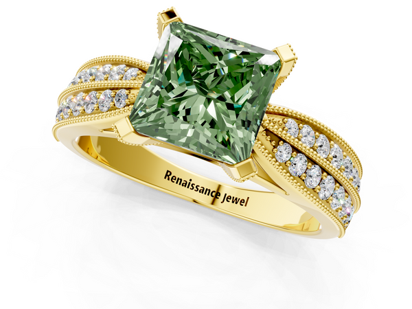 Yellow gold Fancy Green Princess  Solitaire Diamond Ring with Milgrain Pavé Band and Four-Prong Setting