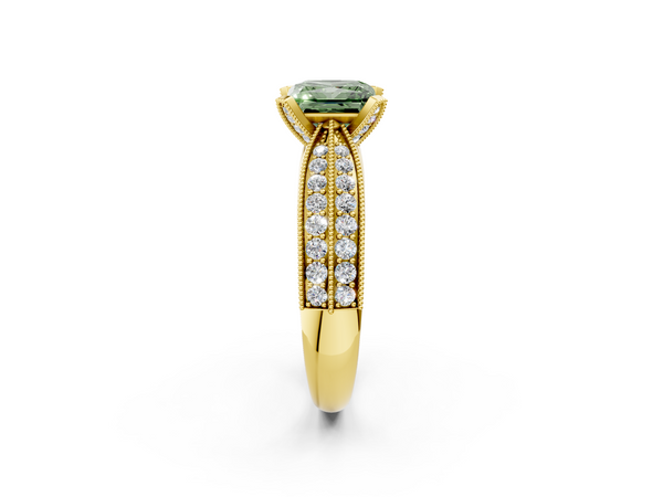 Yellow gold Fancy Green Princess  Solitaire Diamond Ring with Milgrain Pavé Band and Four-Prong Setting