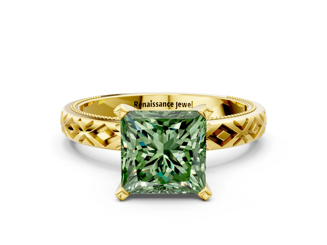 Yellow gold Fancy Green Princess  Solitaire Diamond Ring with Milgrain and Black Enamel X Pattern Band_30
