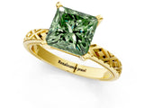 Yellow gold Fancy Green Princess  Solitaire Diamond Ring with Milgrain and Black Enamel X Pattern Band_31