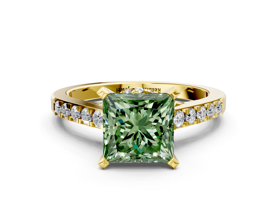 Yellow gold Fancy Green Princess  Solitaire Diamond Ring with Pavé Band and Four-Prong Setting
