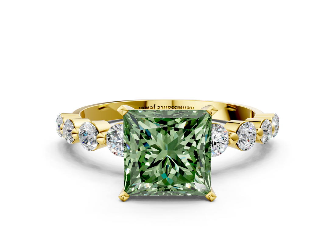 Yellow gold Fancy Green Princess  Solitaire Diamond Ring with Pave Band and Four-Prong Setting